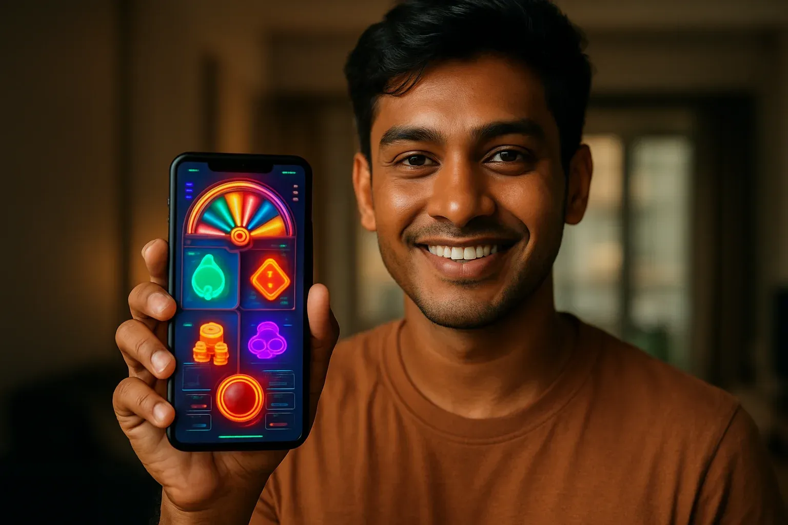 Young Bangladeshi man holding smartphone showing colorful casino app interface