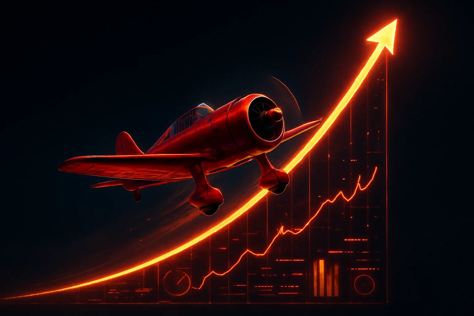 Red aviator plane soaring upward with glowing multiplier trail at night