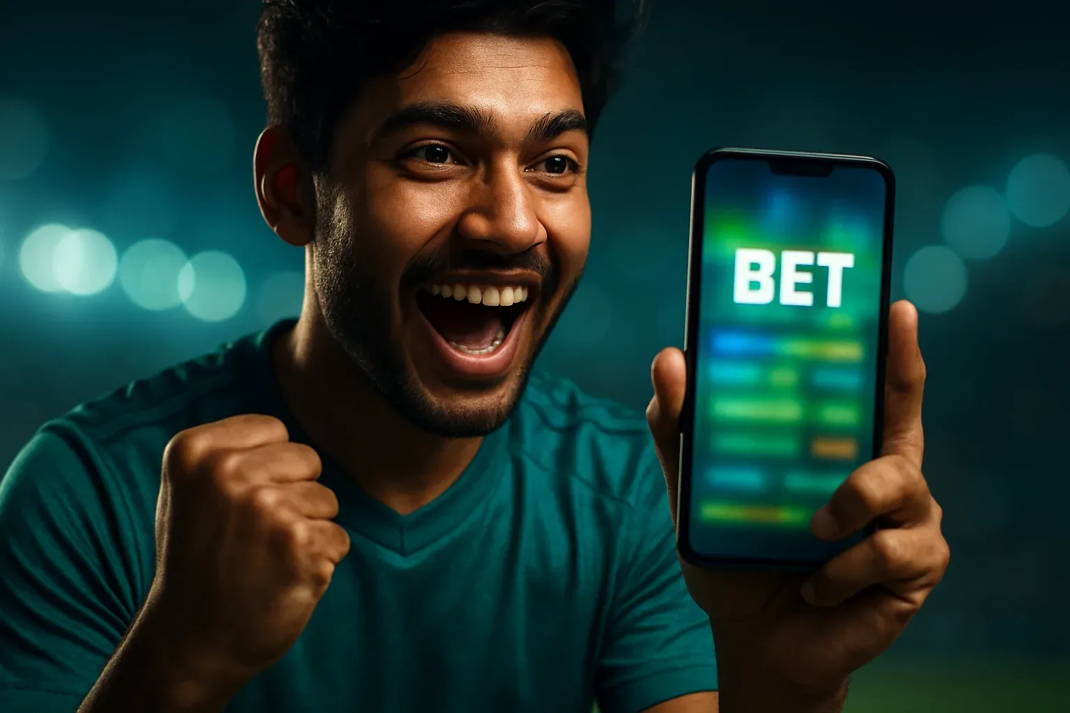 Excited young Bangladesh man cheering with smartphone showing sports betting interface