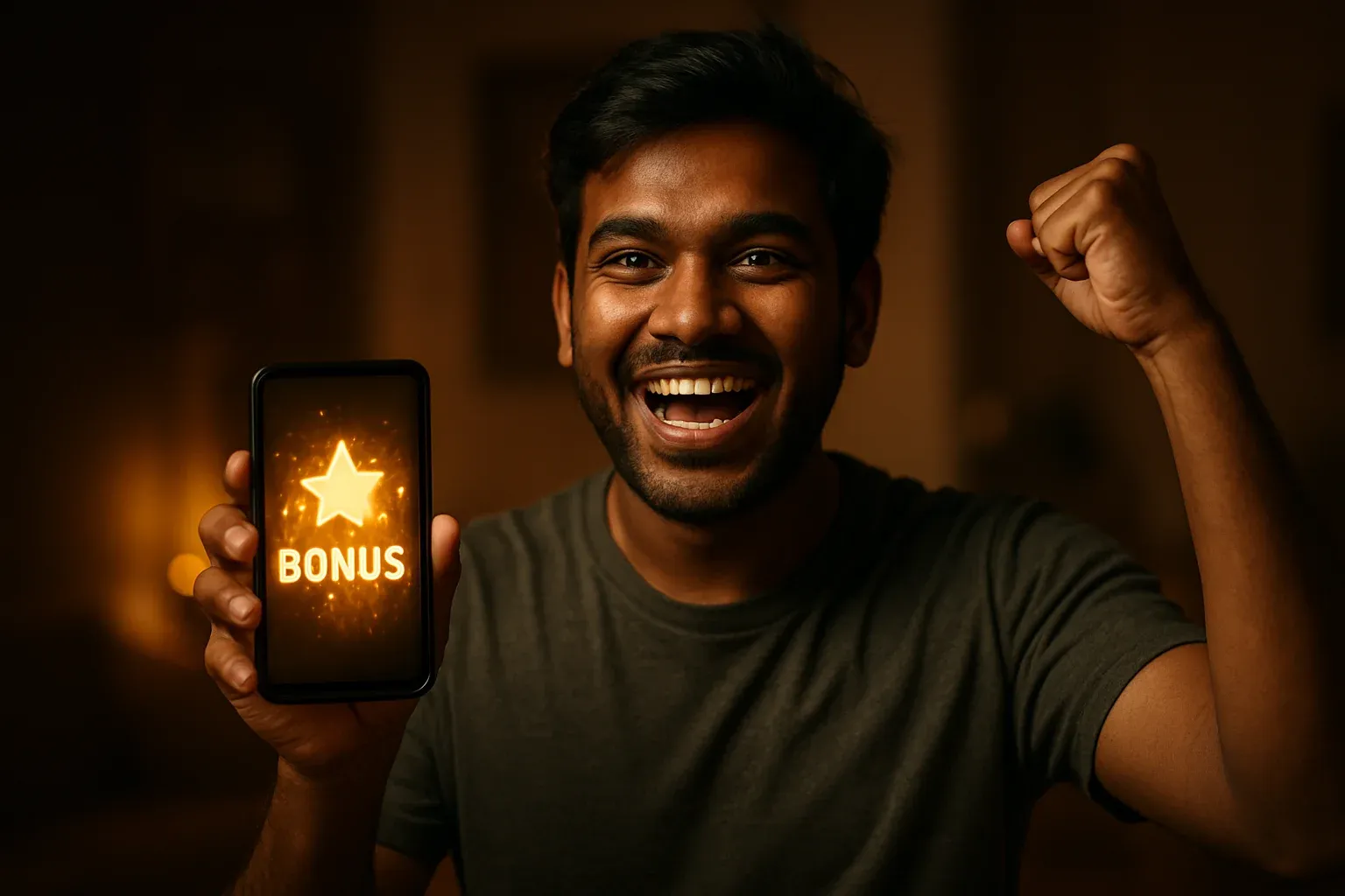 Joyful Bangladeshi man holding smartphone with glowing bonus notification screen