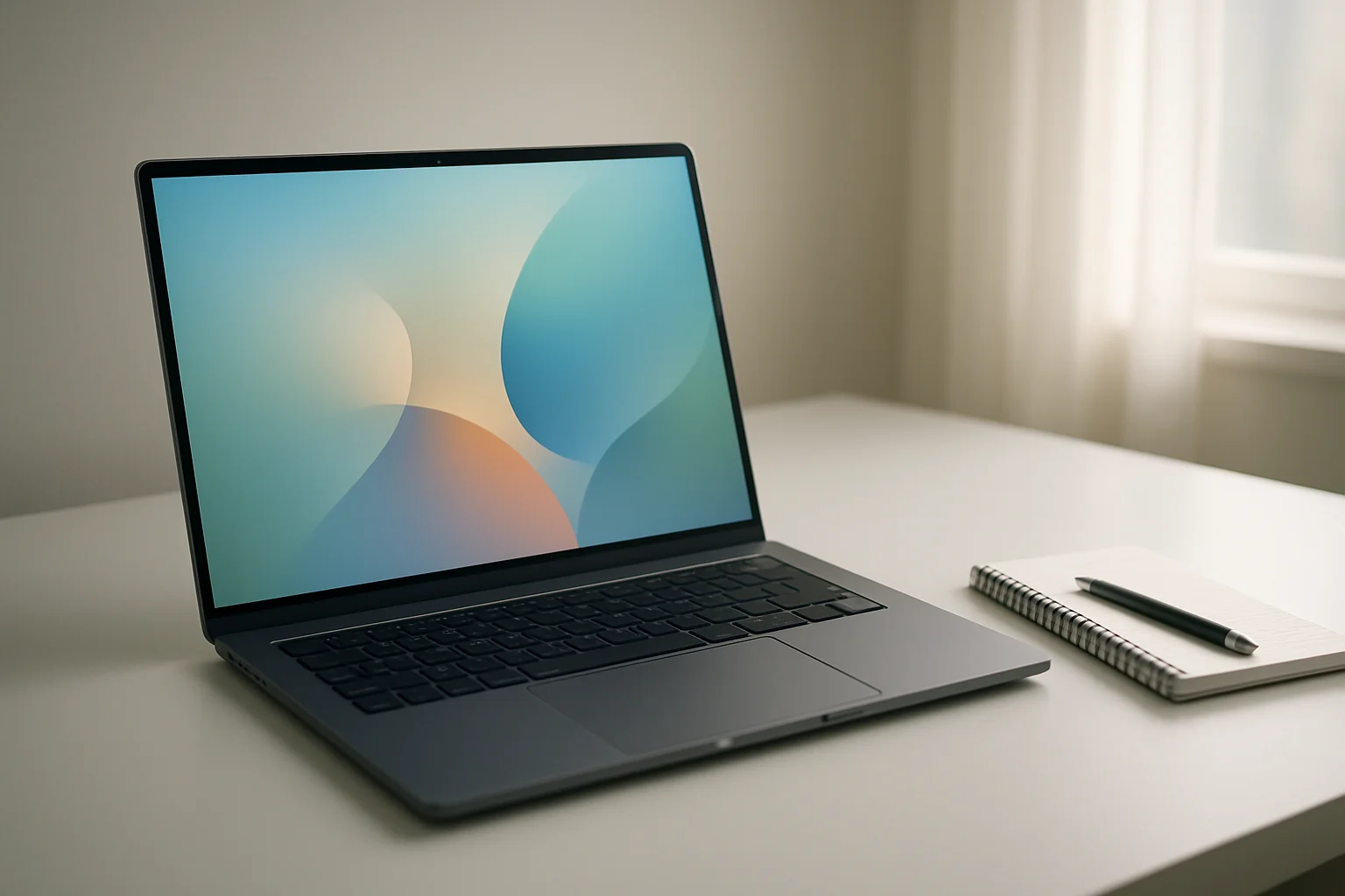 Modern laptop on white desk with abstract screen and notepad