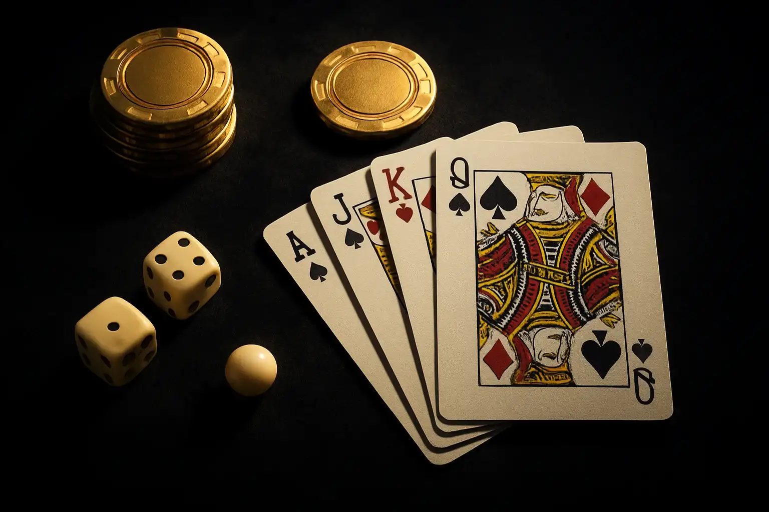 Golden casino chips, playing cards, dice, and roulette ball on velvet