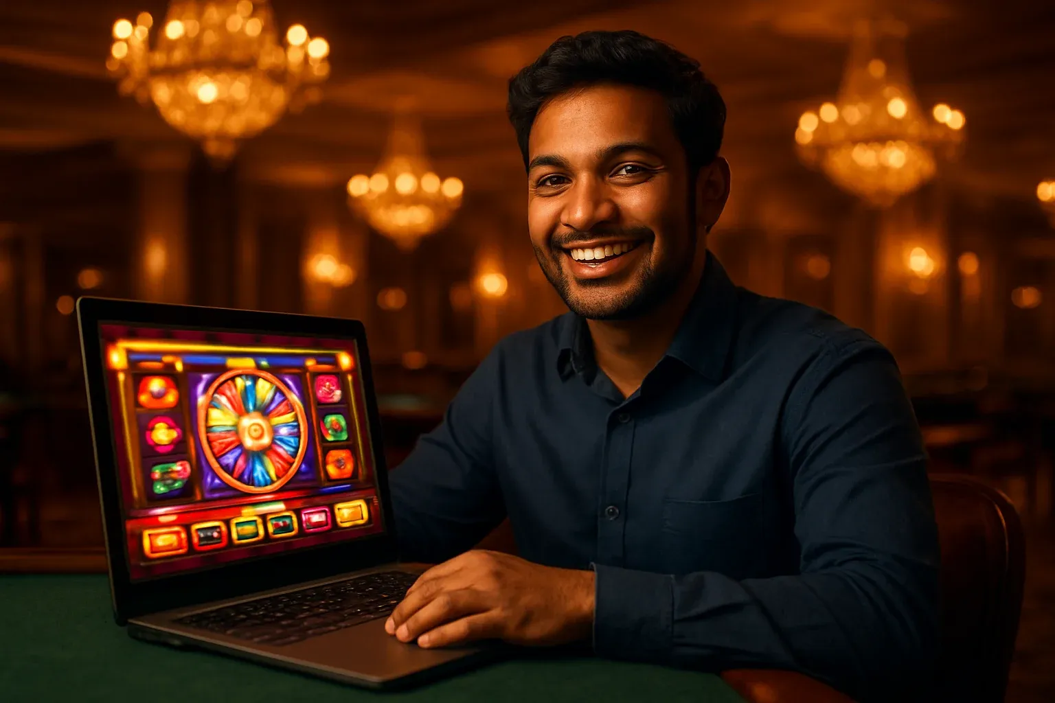 Cheerful Bangladeshi man with open laptop in premium casino lounge
