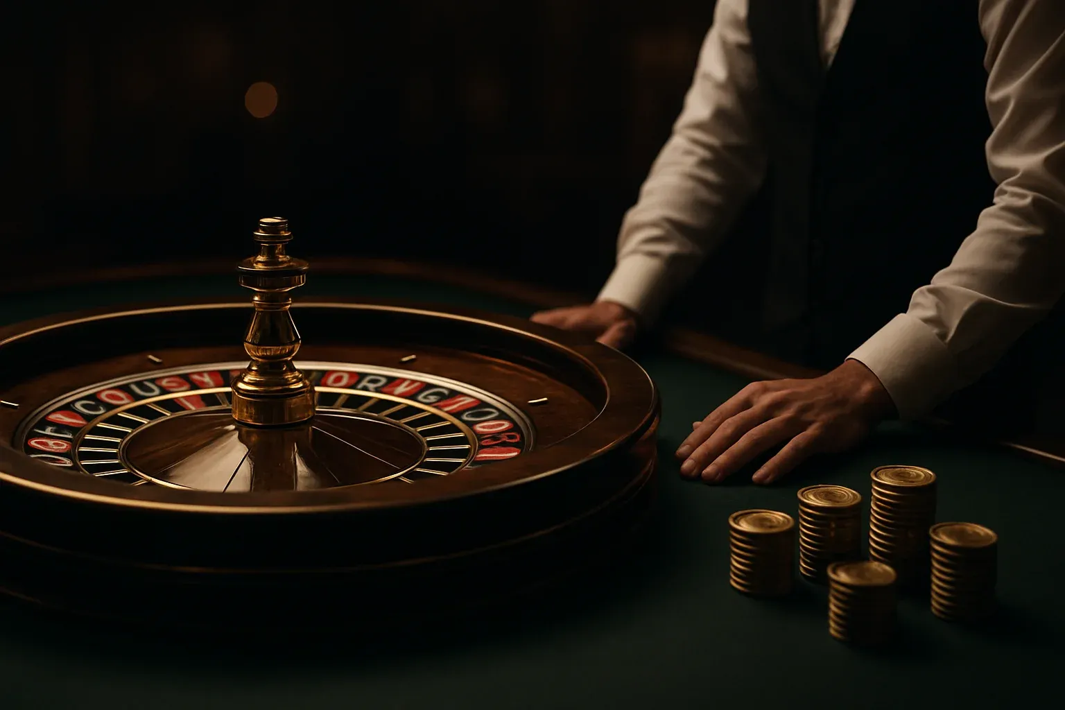 Elegant live casino roulette table with dealer hands and golden chips