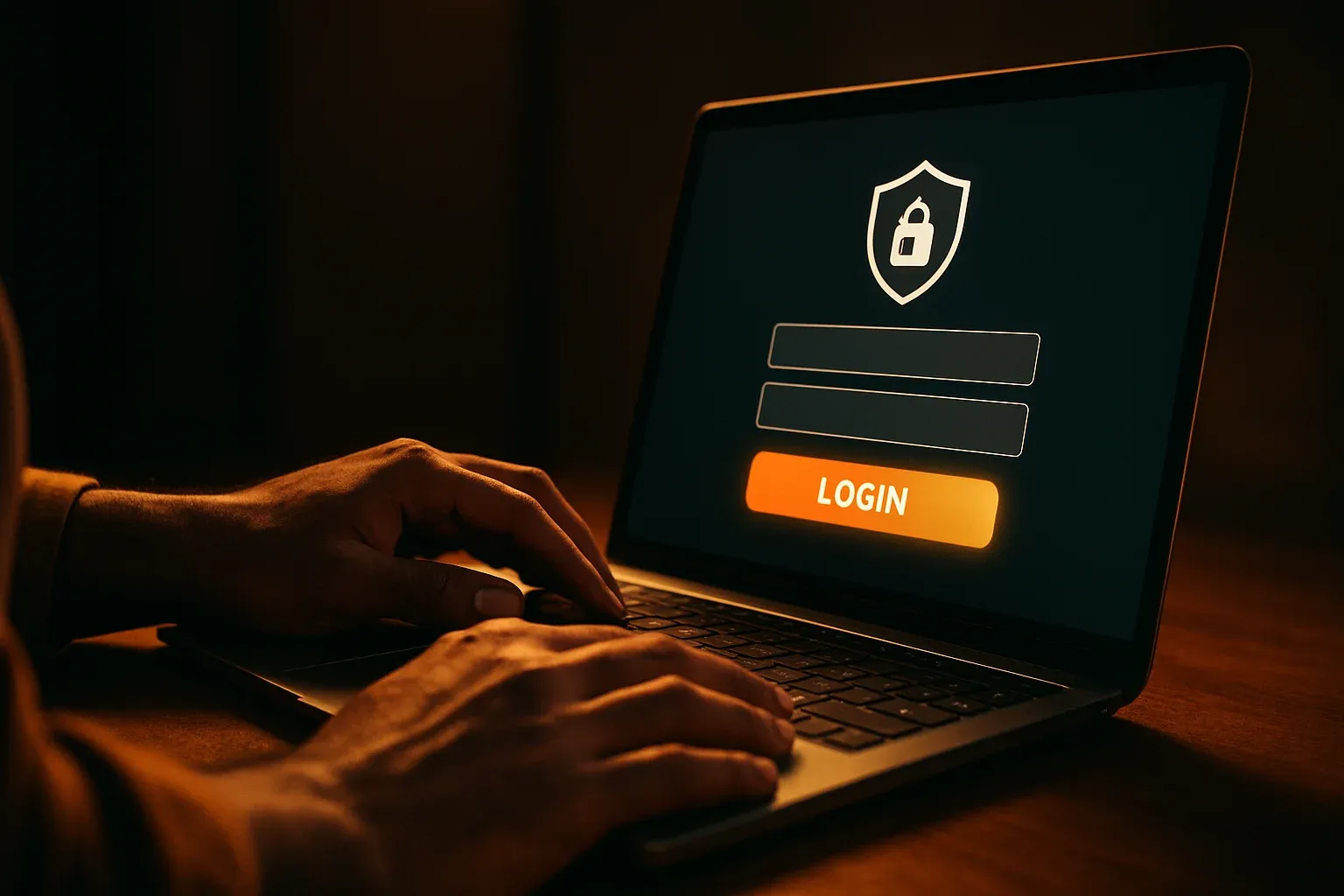 Bangladeshi man's hands on laptop showing stylized login form