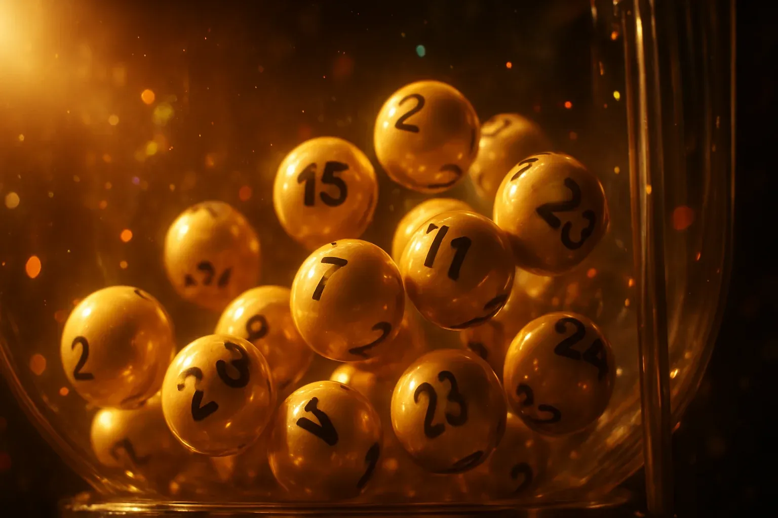 Glowing golden lottery balls tumbling inside transparent draw machine