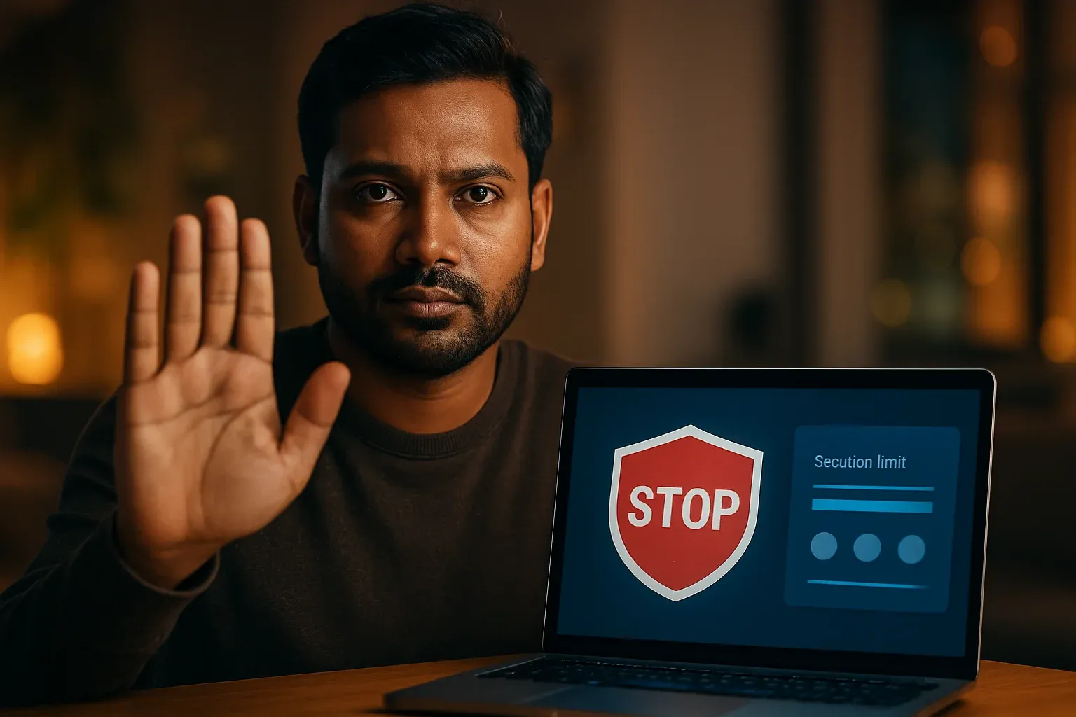 Bangladeshi man shows stop gesture beside laptop with responsible gambling icons