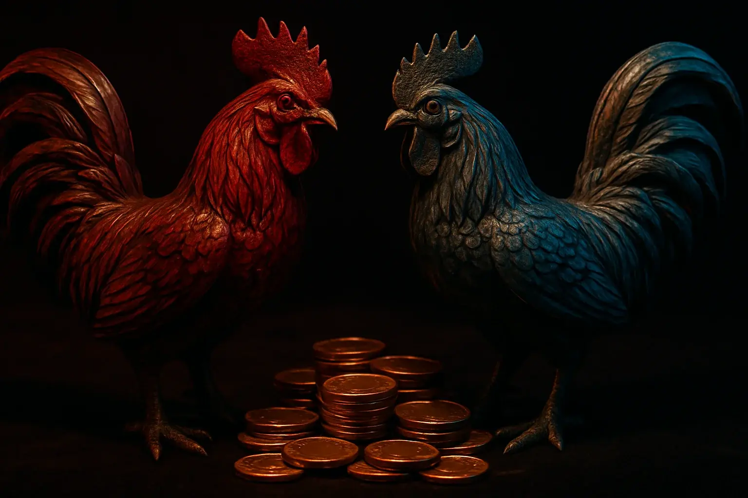 Decorative fighting rooster figurines with casino chips on dark velvet