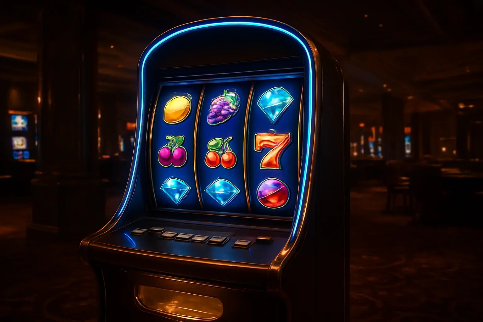 Premium slot machine with glowing reels in a dark luxury casino
